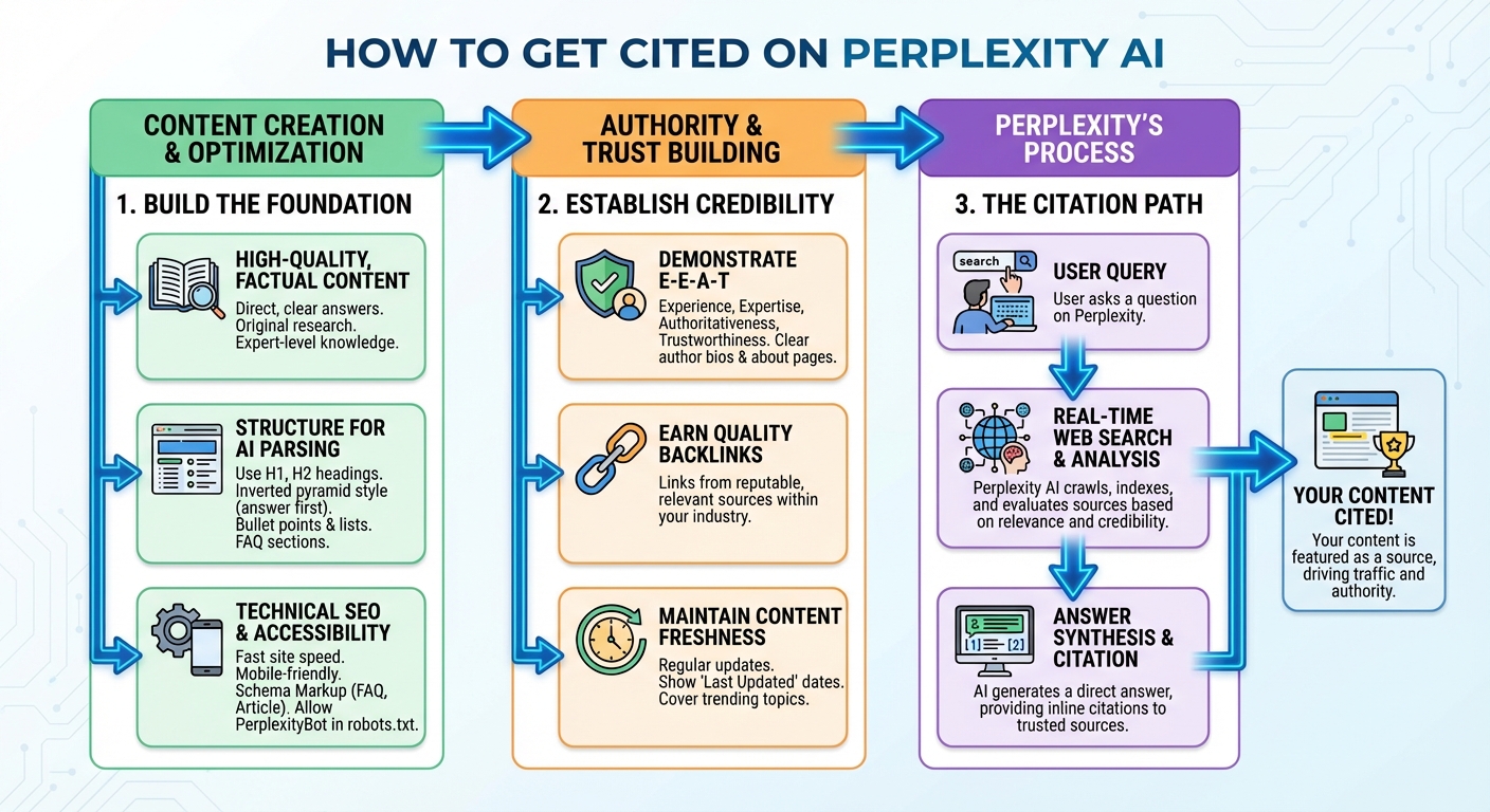 How to Get Cited on Perplexity AI - Infographic showing the three pillars: Content Creation & Optimization, Authority & Trust Building, and Perplexity's Citation Process